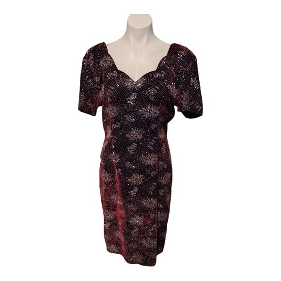 Mayvens Vintage 80's Maroon Velvet Silver Sparkle Size 10 Scallop V Neck Dress - Picture 1 of 12